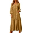 thumbnail image 2 of Women's Maxi Dress Long Sleeve V-Neck Loose Fit Button Down Cotton Linen Retro Swing Dress for Spring Fall Casual Daily Wear,Brown,2XL, 2 of 7