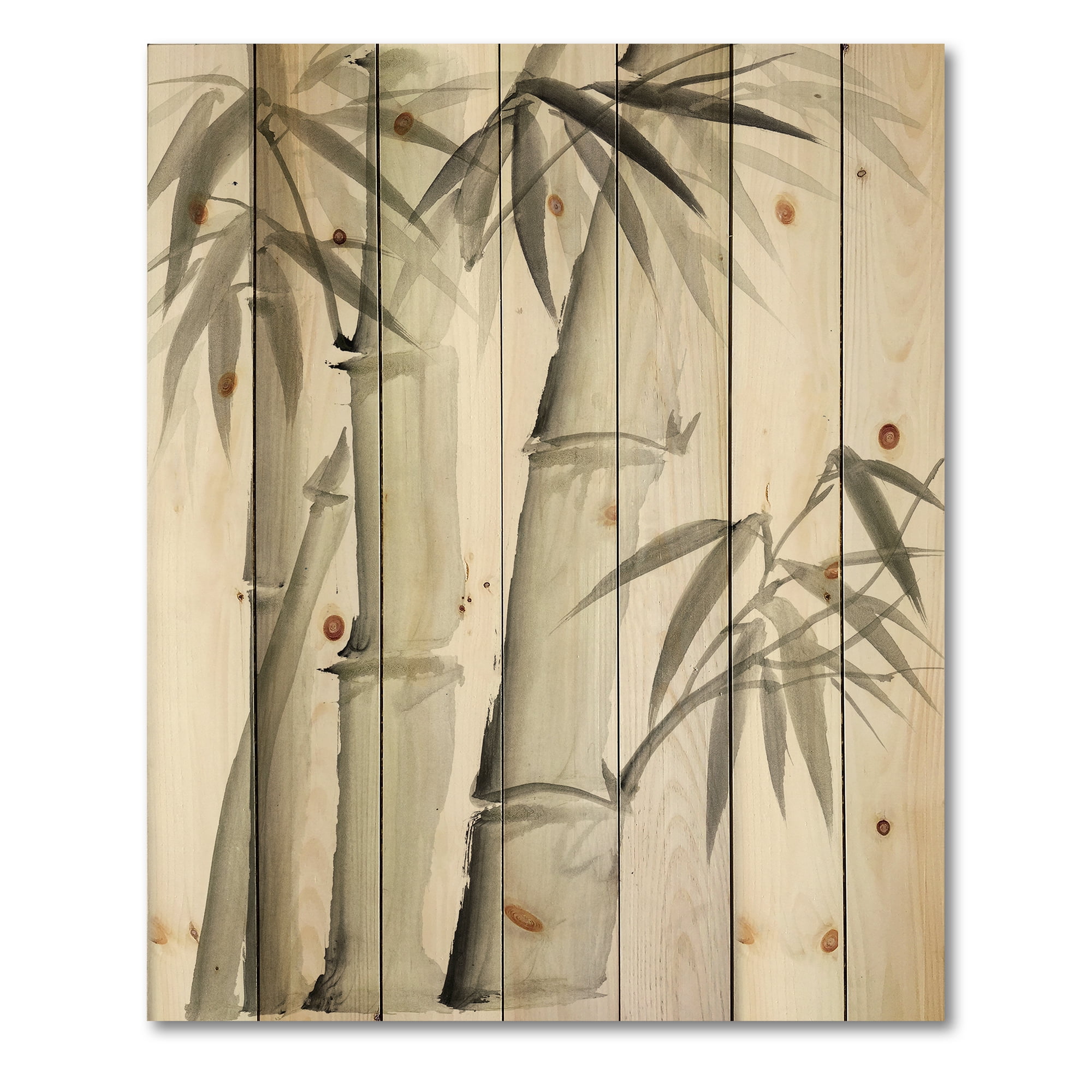 Designart 'Vintage Black and White Bamboo V' Lake House Print on Natural Pine Wood