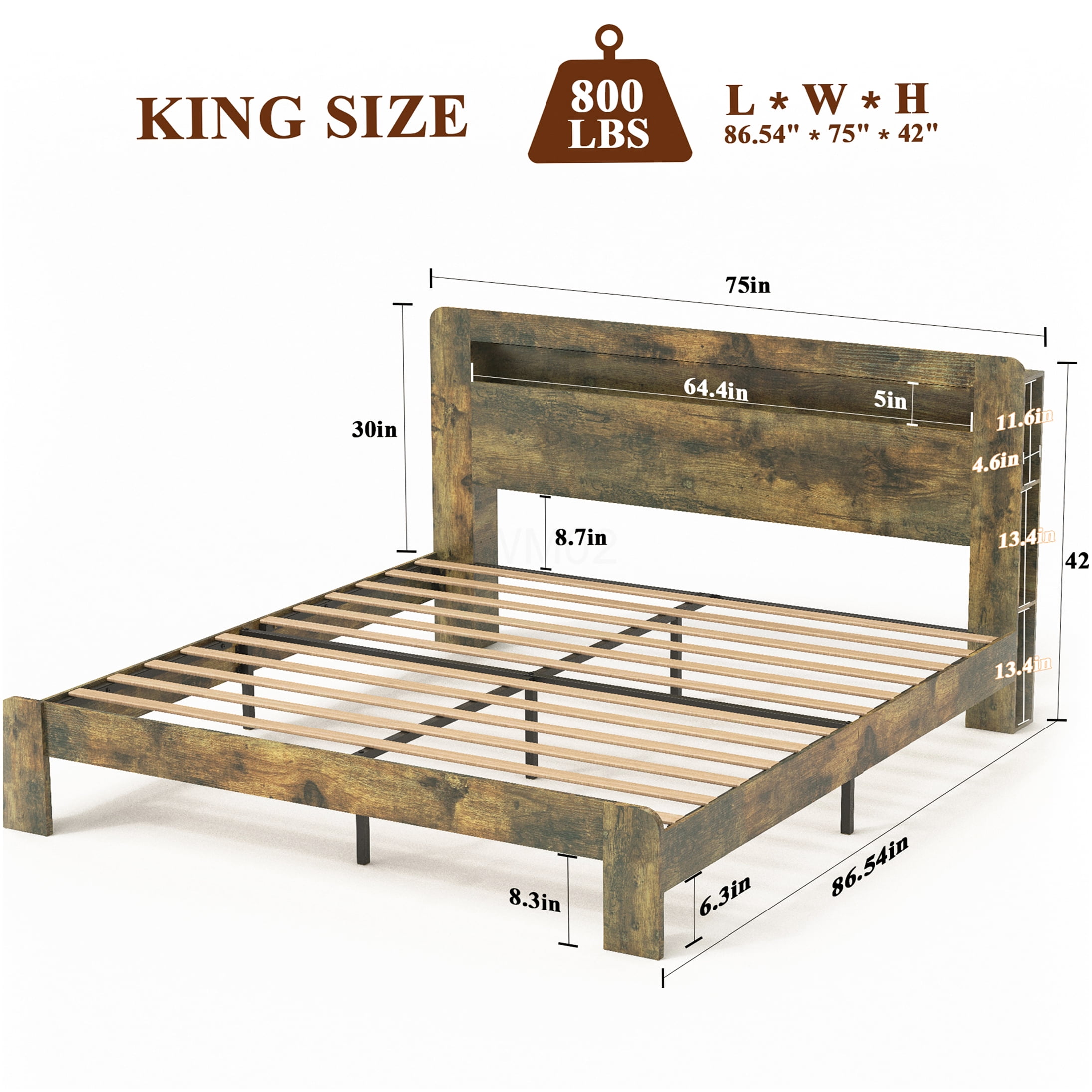 King Size Bed Frame with Storage Headboard, USB Charging Ports, LED Mood Lighting, No Box Spring Needed