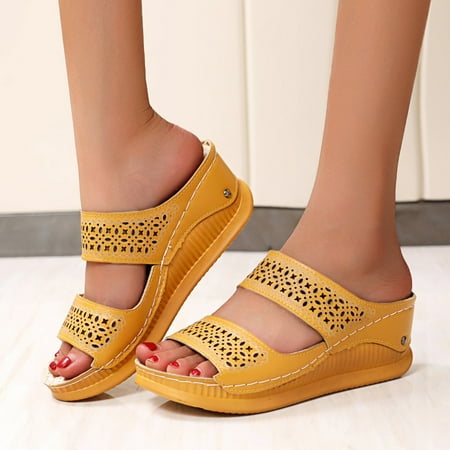 

Krdevn Sandals for Women 2024 Fashion Spring And Summer Slope With Hollow Ladies Sandals Roman Peep Toe Slippers -Yellow 38