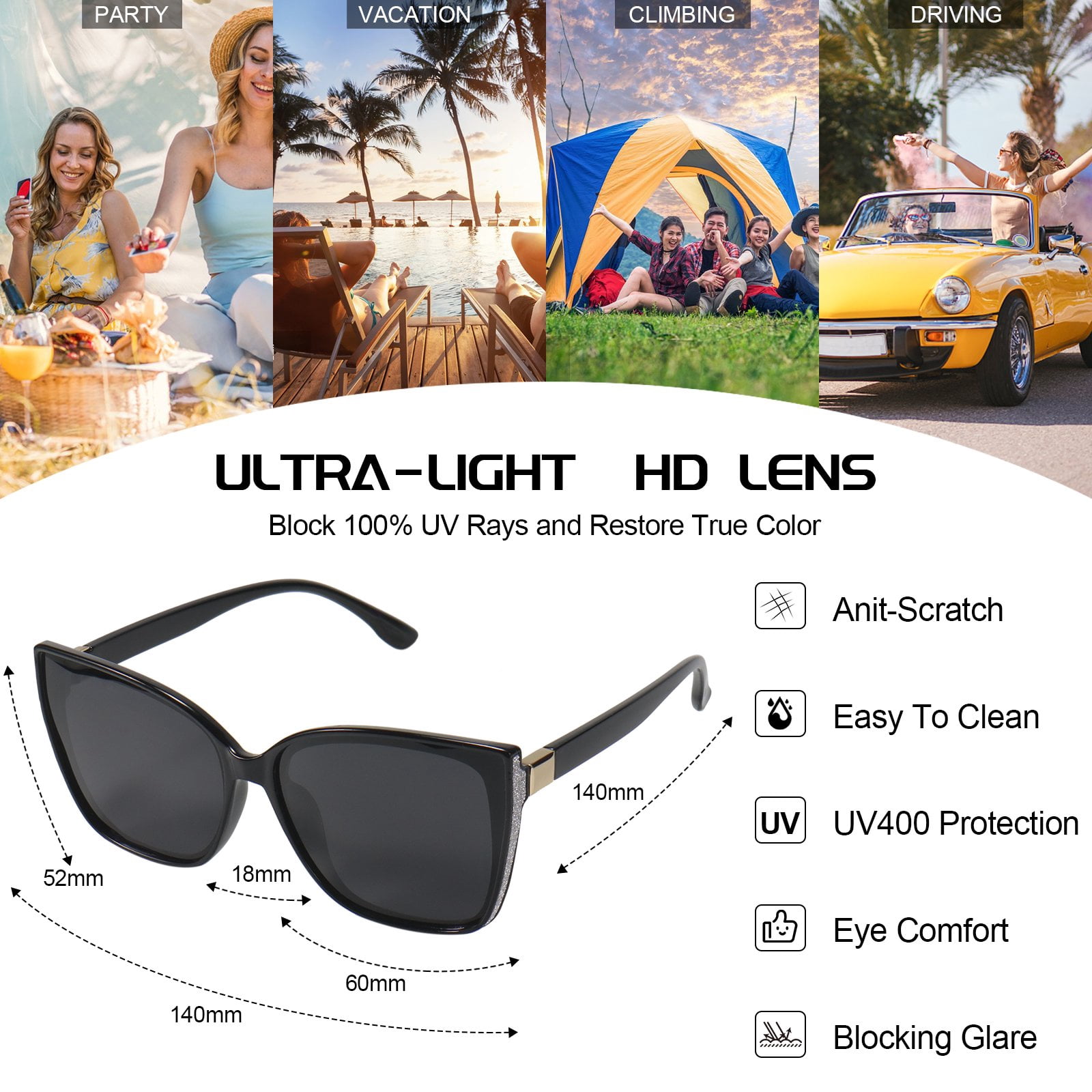 OCCI CHIARI Retro Cateyes Sunglasses for Women Vintage Polarized Large Shining Sun Glasses for Running Driving Fishing UV400 Protection(Black)
