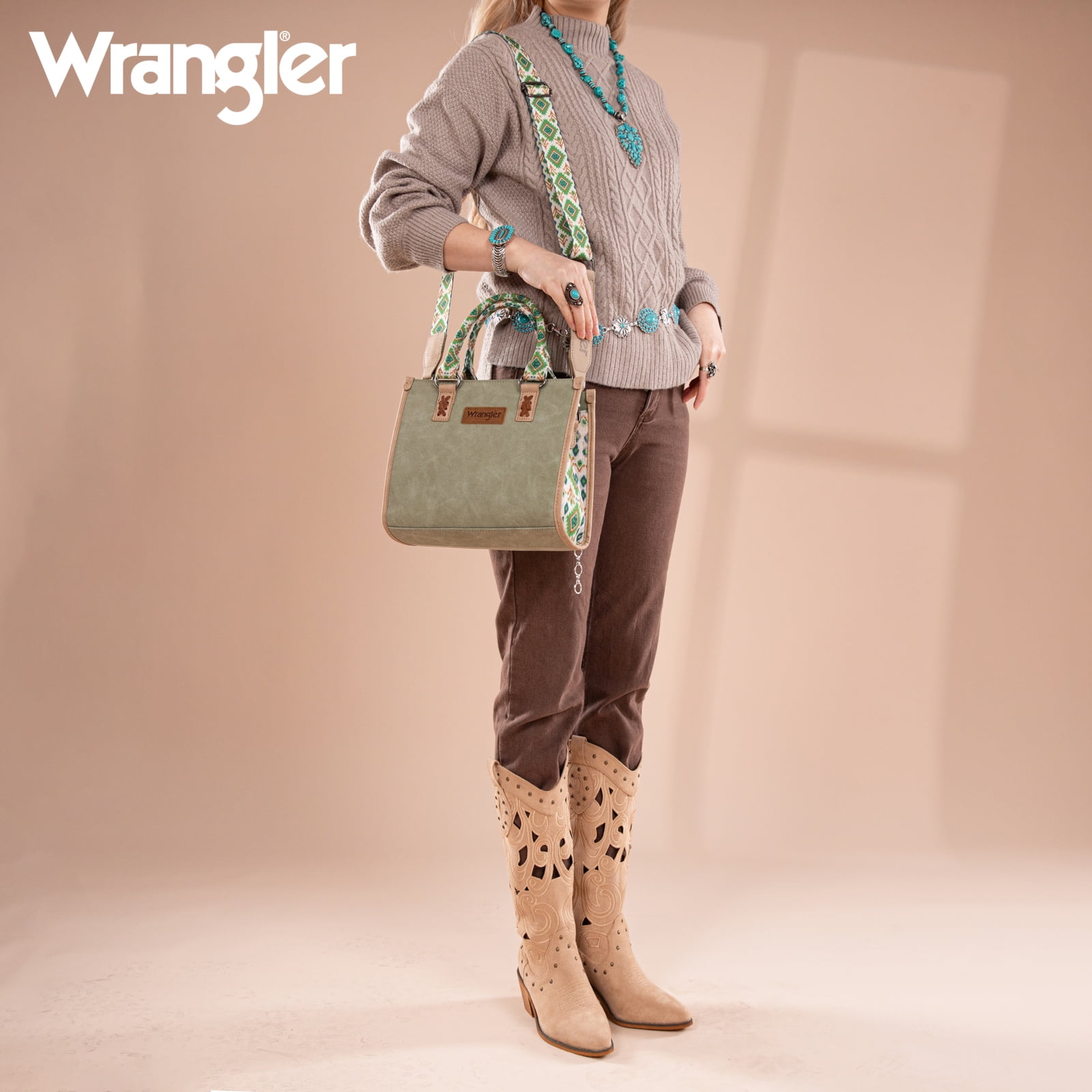 Wrangler Tote Bag for Women Western Retro Purse Top Handle Handbags with Aztec Strap, Green