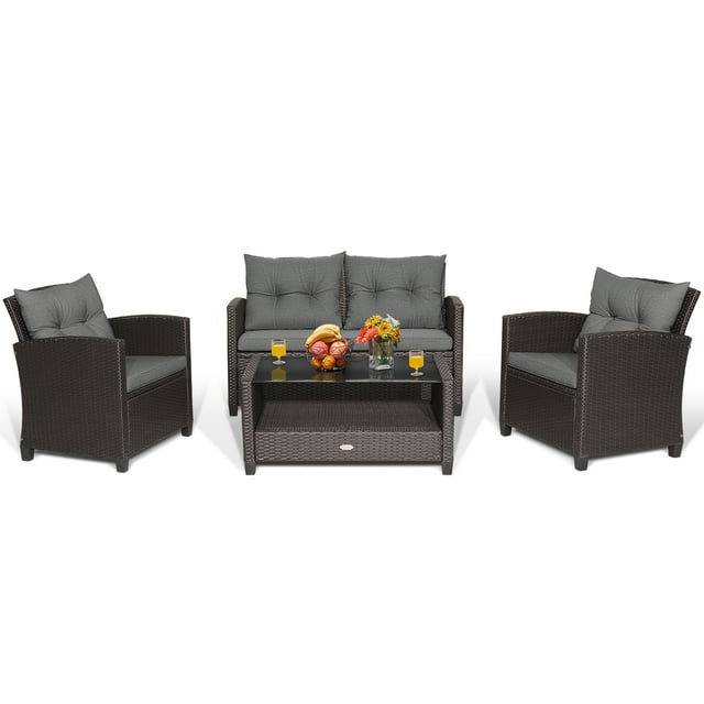 Gymax Set Of 4 Patio Rattan Furniture Set Glass Table Shelf Sofa Cushion Grey