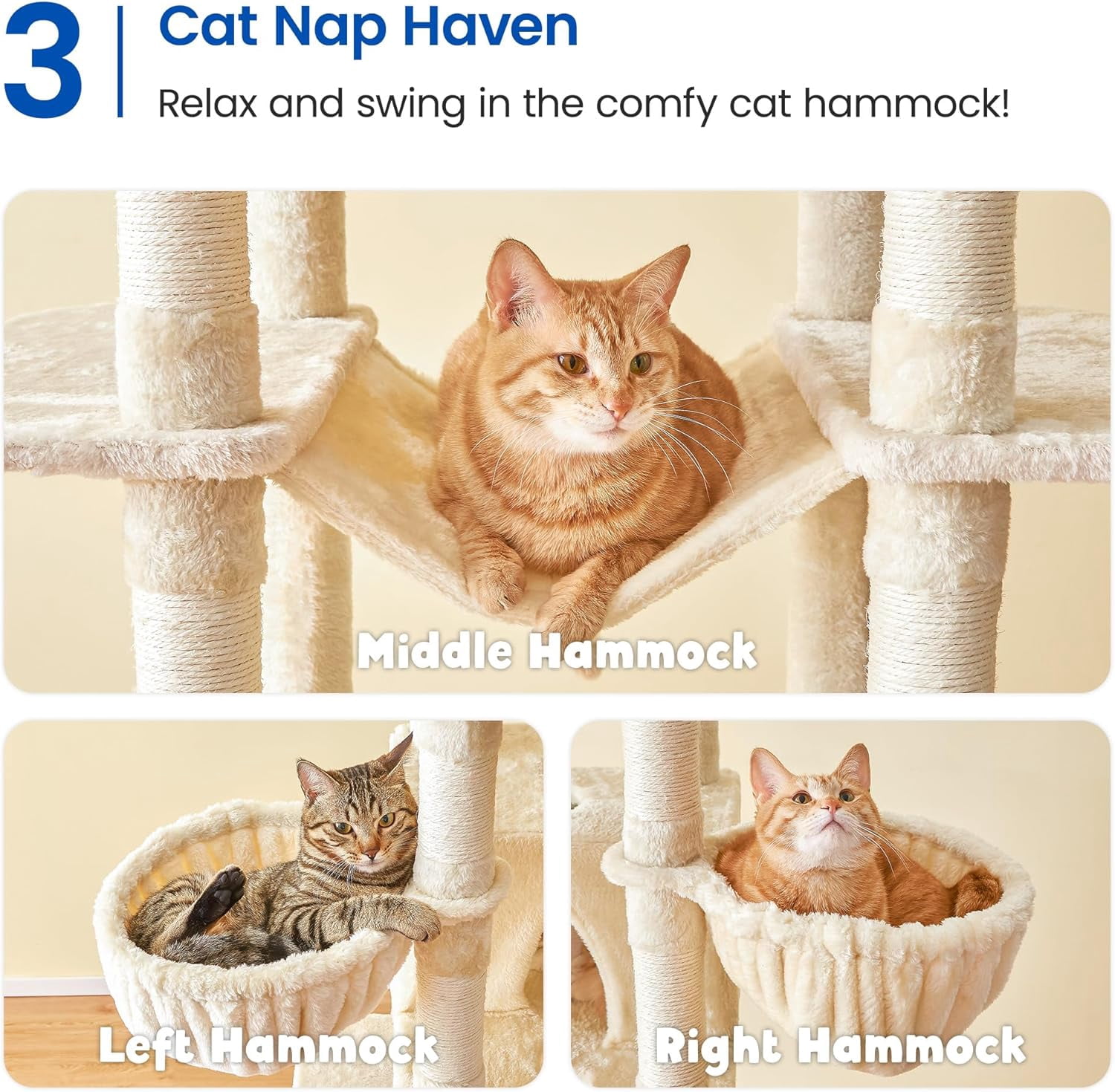 WSWJY Large Cat Tree, 67.7-Inch Tall Tower for Indoor Cats With 2 Condos, Multi-Level Stand With 3 Hammocks, Wide Perch, Scratching Posts, Dangling Toys, Beige