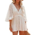thumbnail image 2 of Women Summer Sexy Beach Wear Bikini Cover Up Flare Sleeve Lace Floral Ruffle Dress Deep V-Neck Midi Boho Sundress, 2 of 9