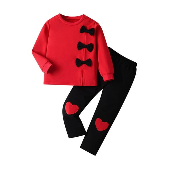 Odeerbi 3-8 Años Niñas Día de San Valentín Lazo Algodón Manga Larga Tops Amor Pantalones de Impresión Conjunto de Dos Piezas
