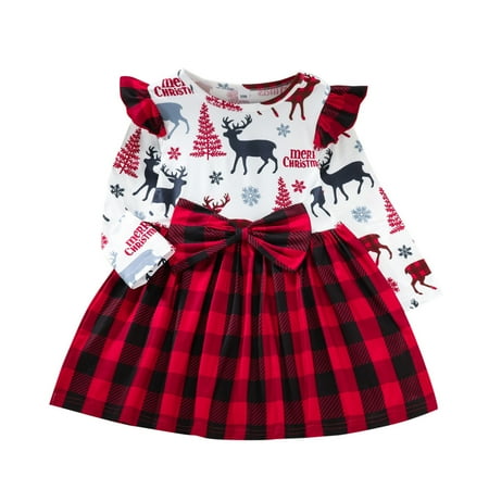 

HTGFGMGW Girls Dresses Toddler Girls Winter Long Sleeve Christmas Dress Deer Snowflake Print Plaid Bow Outwear Dresses for Girls Red
