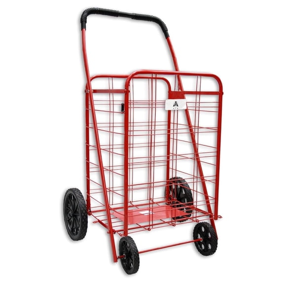 ATH Large Deluxe Rolling Utility / Shopping Cart - Stowable Folding Heavy Duty Cart with Rubber Wheels For Haul Laundry, Groceries, Toys, Sports Equipment, (Red, XL)