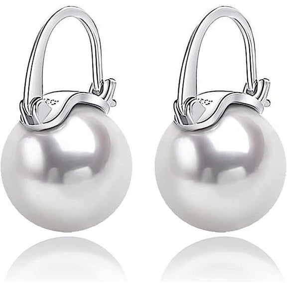 Elegant 925 Sterling Silver Simulated Shell Pearl Drop Earrings Dangle Stud Earrings for Women Large Size 12mm