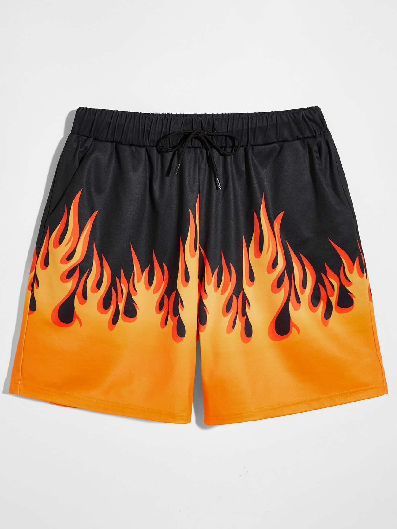Orange Men Fire Print Drawstring Shorts 