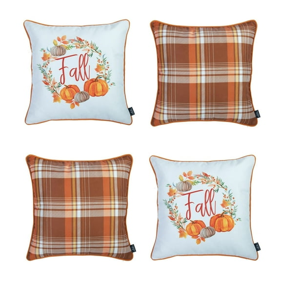 Decorative Fall Thanksgiving Throw Pillow Cover Set of 4 Plaid & Pumpkins 18 in. x 18 in. Yellow & Orange Square for Couch, Bedding