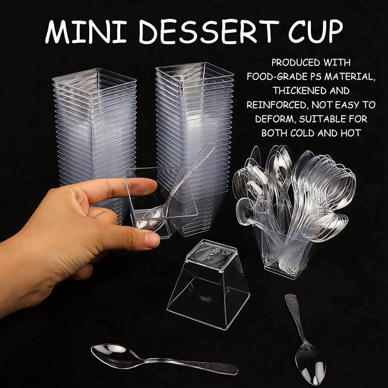 Pack of 200 Dessert Cups with Spoons, 60Ml Dessert Bowls Set, DIY Plastic Dessert Cups, Reusable Trapezoid Cups Set