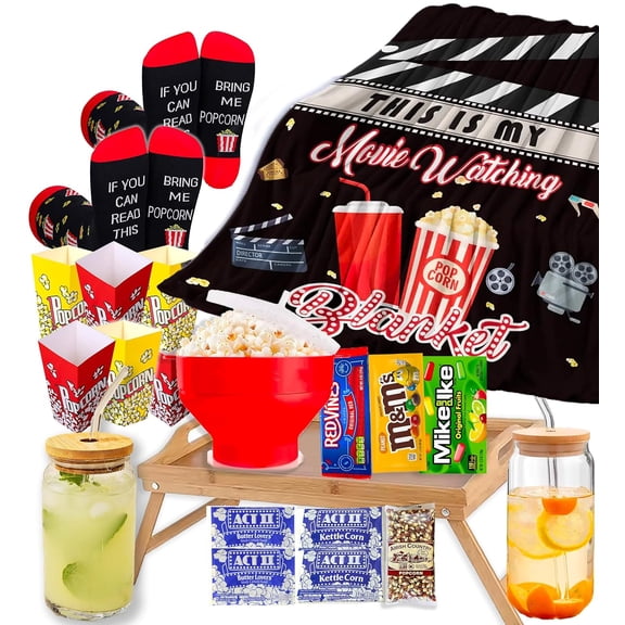 Ultimate Movie Night Gift Basket, HOUSEWARMING Gift for couples, Variety Care Package w/ Snacks, Full-Size candy variety POPCORN LOVER box for new house , Family or birthday Gift w/Candy & Blanket