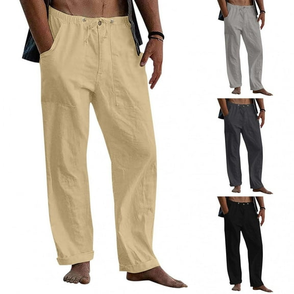 Utoimkio Men's Casual Linen Pants Loose Fit Work Trousers Straight Leg Elastic Drawstring Waist Summer Beach Yoga Long Pants with Pockets