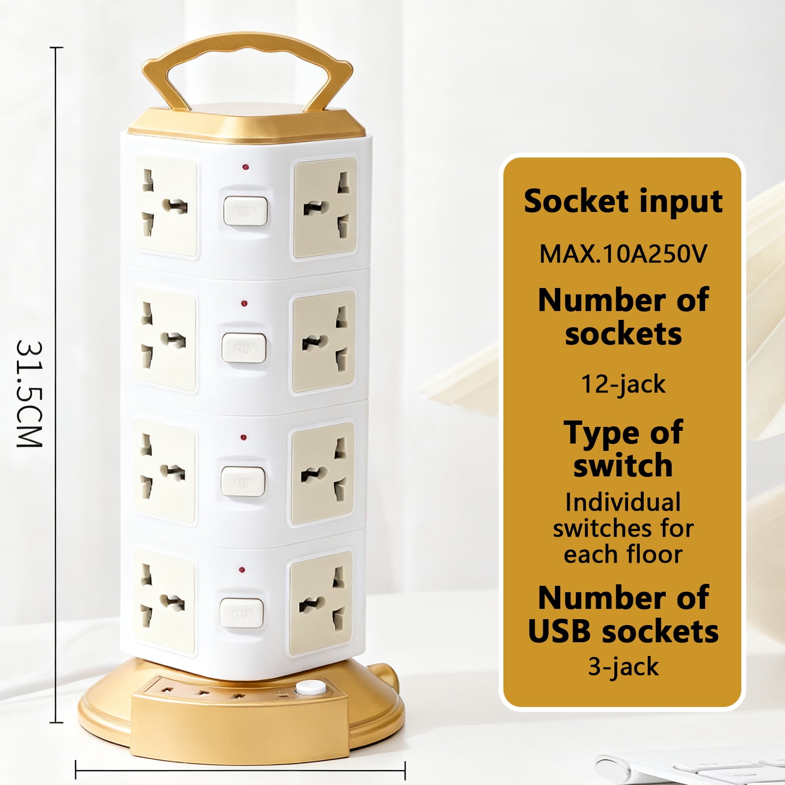 Arcticwind Surge Protector Power Strip Tower w/12/16 Outlets, 3 USB Ports, 2500W Max, Portable Modular Power Tower, Built-in Overload & Lightning Protection, w/9.85ft Cable