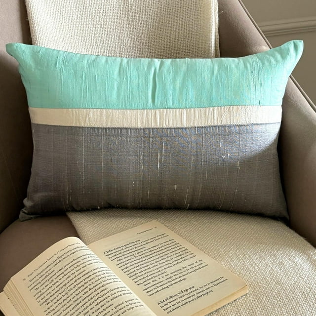 The HomeCentric Designer Aqua 12"x18" (30x45 cm) Lumbar Pillow Cover, Silk Color Blocking & Patchwork Oblong Pillow, Modern Pattern Striped Style - Plush Aqua Silk