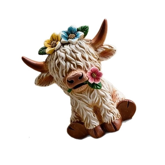 Detailed Scottish High Land Cow Resin Figure with Flower For Calf Lover Gift