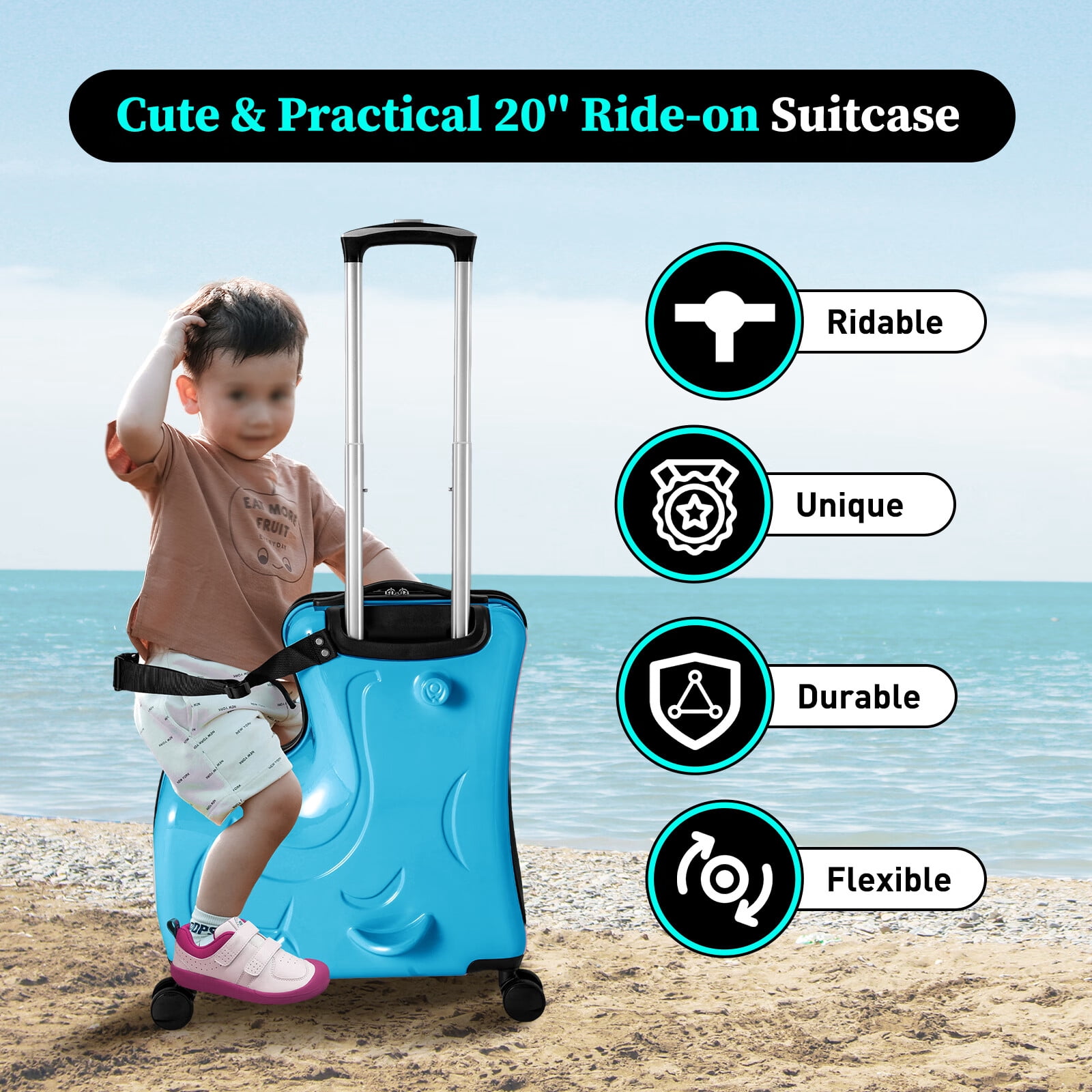 YIYIBYUS 20 Inch Blue Children's Suitcase Kids Ride-On Suitcase Spinner Luggage Kids Trunk for 1-6 years old