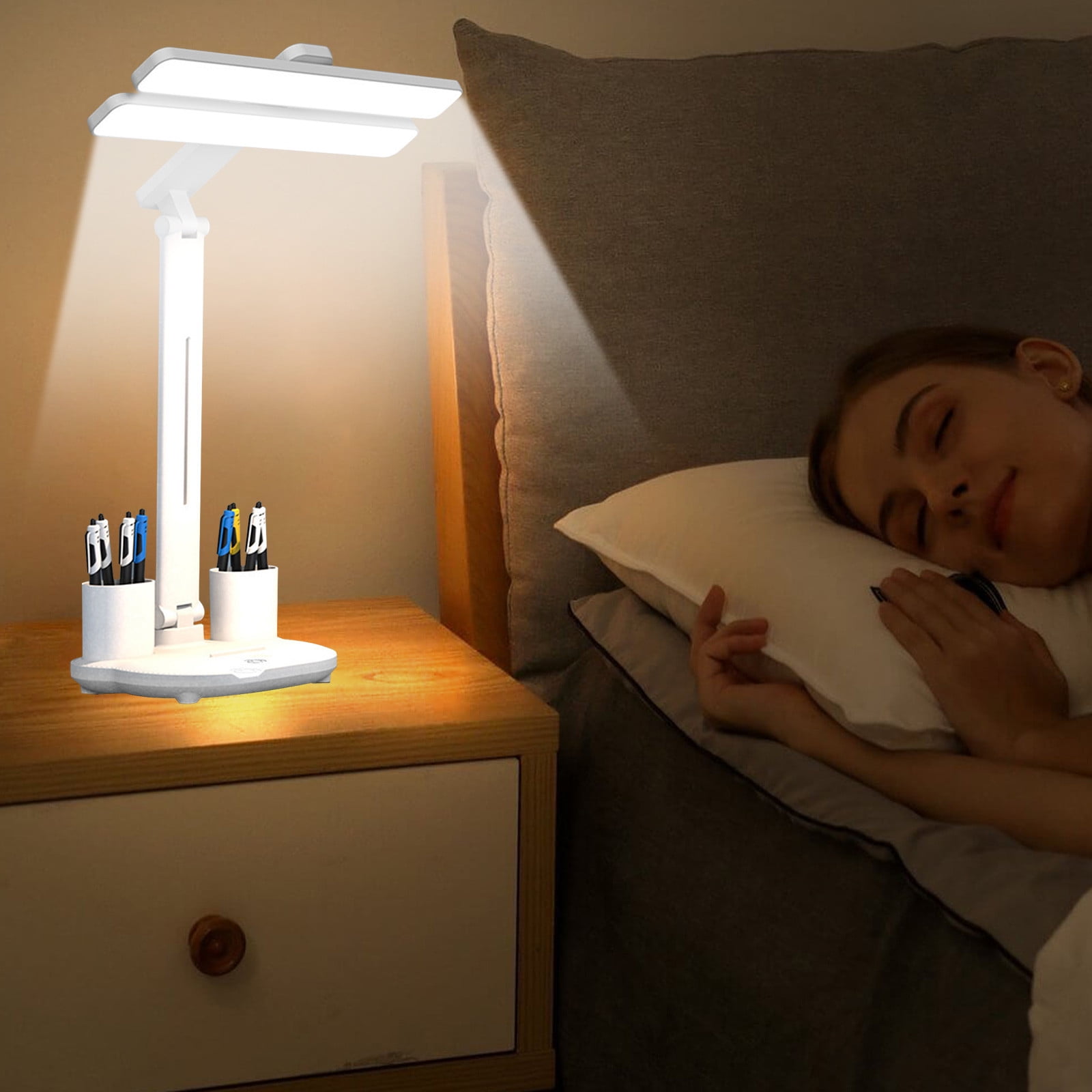 LED Desk Lamp with Pencil Sharpener | Foldable Eye-Care Reading Light | Adjustable Angle | Pen Holder Organizer | Type-C Rechargeable 2000mAh Battery | White | 13.39"x11.02"x6.89"