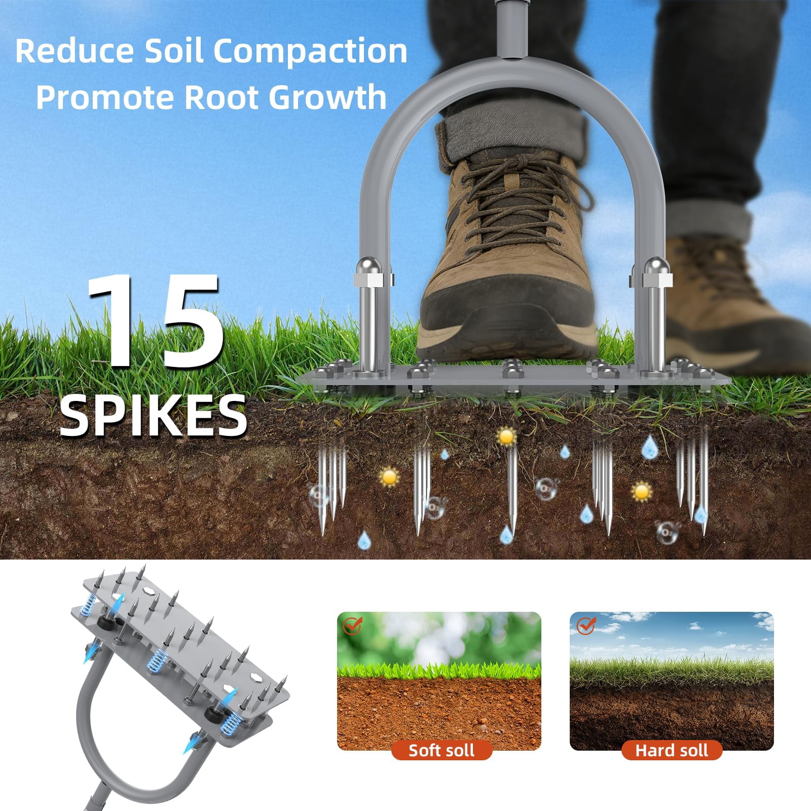 Manual Lawn Aerator Tool With 15 Spikes  32"-35" Adjustable T-handle For Automatic Dirt Ejection Design Heavy Duty Yard Grass Soil Compaction Gray