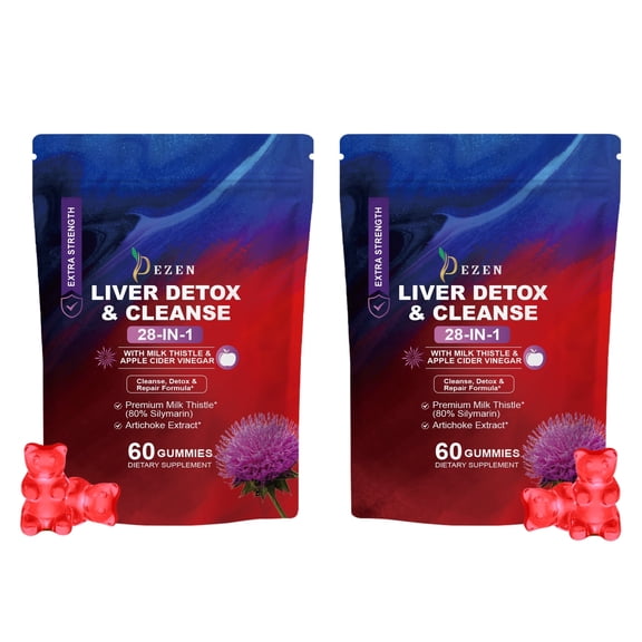 DEZEN 2Pcs Extra Strength Liver Detox Cleanse Gummies 28-in-1 with Milk Thistle & Apple Cider Vinegar, Dandelion root, 60 Count Each Premium Dietary Healthcare Supplement, Apple Flavor
