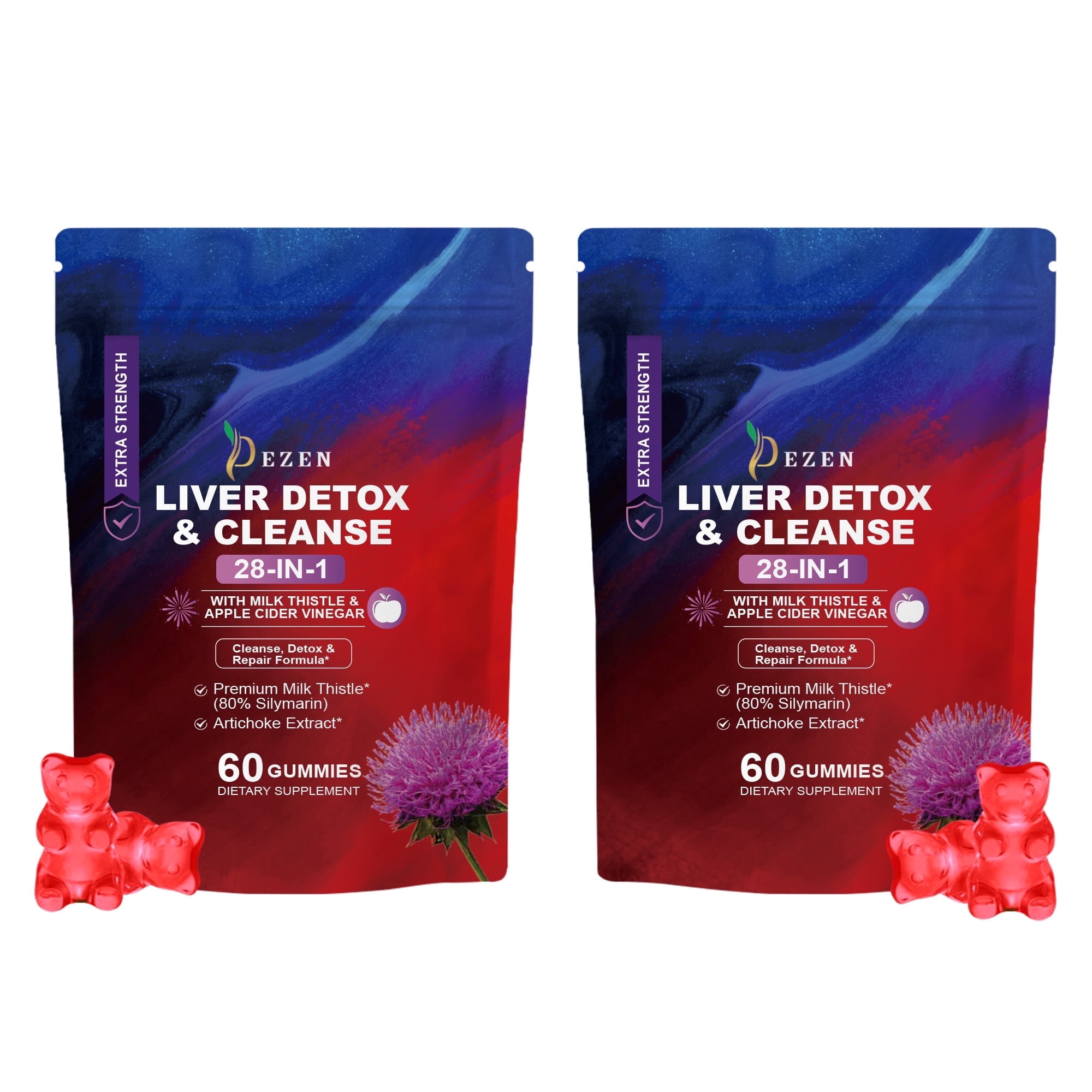 DEZEN 2Pcs Extra Strength Liver Detox Cleanse Gummies 28-in-1 with Milk Thistle & Apple Cider Vinegar, Dandelion root, 60 Count Each Premium Dietary Healthcare Supplement, Apple Flavor