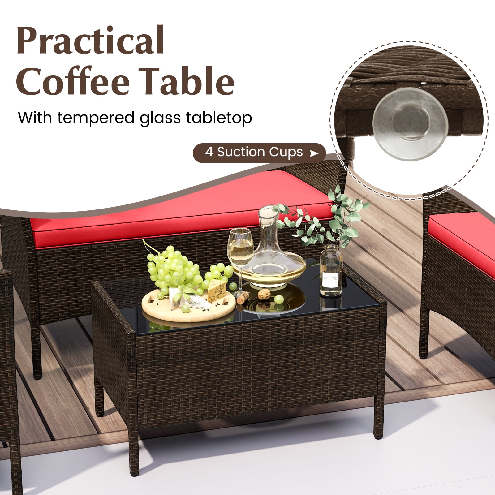Gymax 4PCS Outdoor Furniture Set Patio Rattan Conversation Set w/ Red Cushion