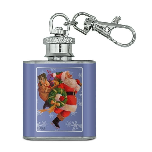 Christmas Holiday Here Comes Santa Stainless Steel 1oz Mini Flask Key Chain