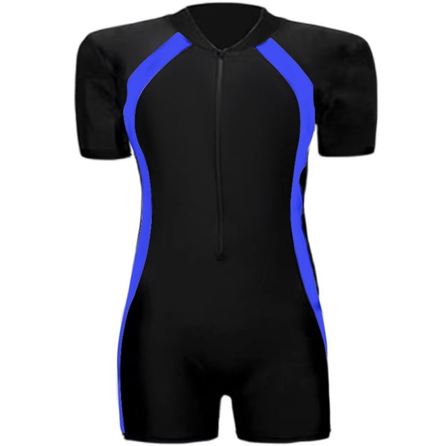 mklekyy trajes de baños boys and girls swimsuit surfing suit diving suit Traje de baño enterizo azul y negro de manga corta con cremallera frontal y cuello redondo, paneles laterales azules y corte hasta el muslo para deportes acuáticos y surf; a menudo se usa también para clases de natación.