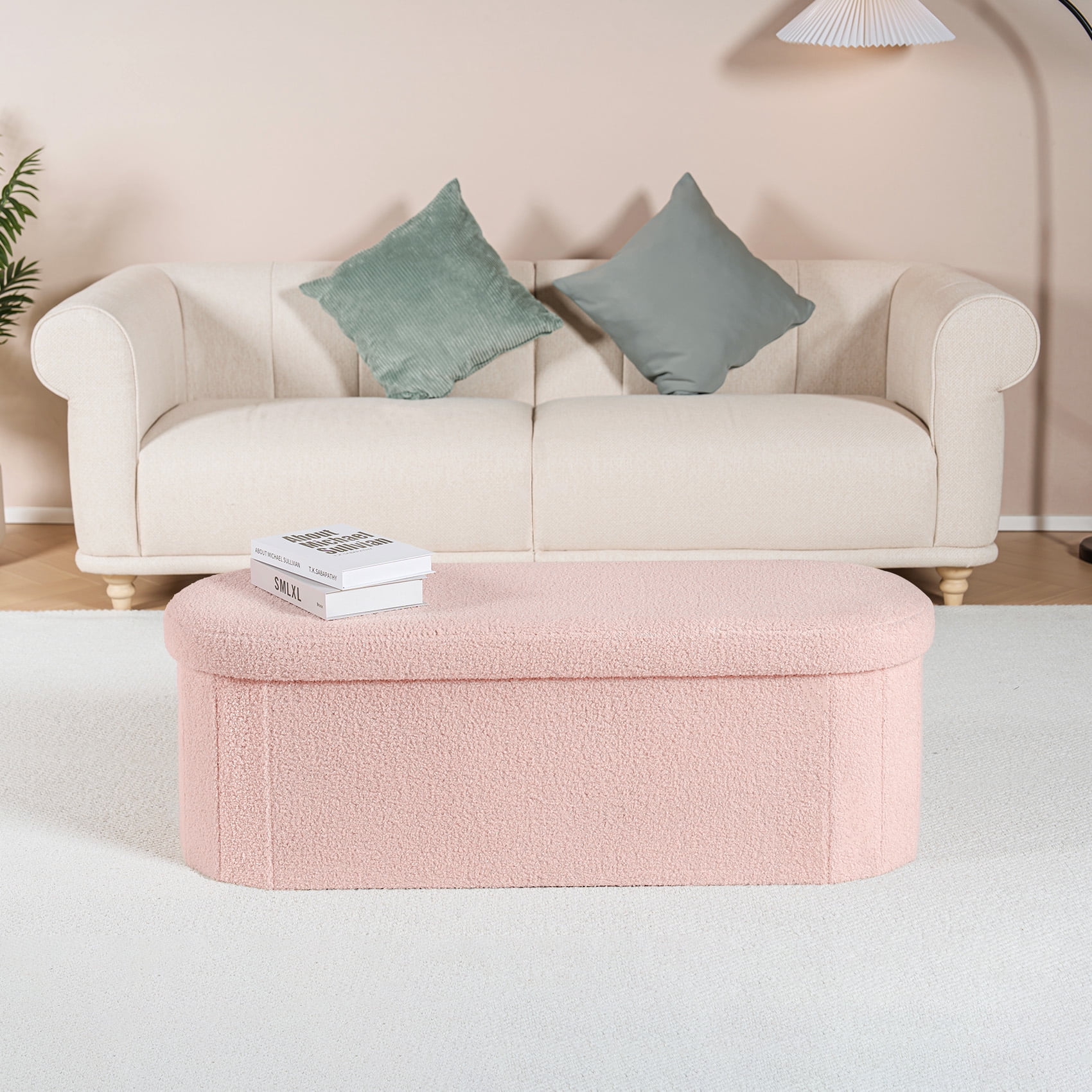 PINPLUS Storage Ottoman Bench Tufted Oval Ottoman Bench Foot Rest Velvet Bench with Storage 43" Pink