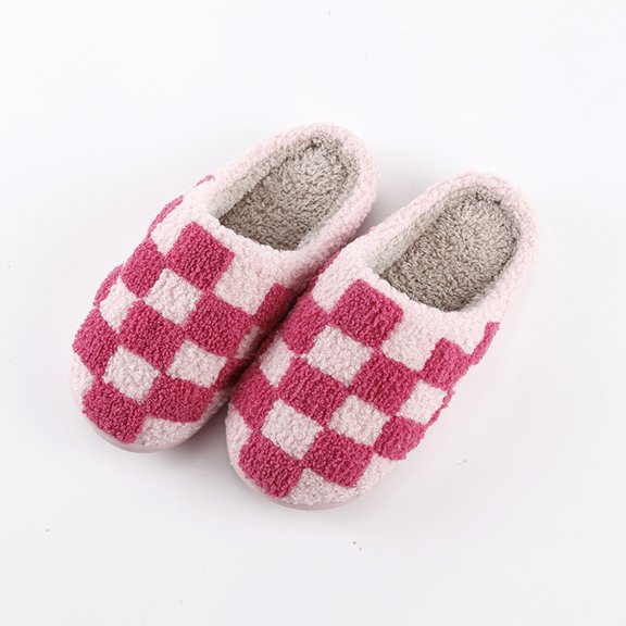 dianhelloya 1 Pair Cozy Checkerboard Cotton Slippers Warm Soft Non-Slip Unisex Thickened Bottom Cotton Shoes Home Supply Black