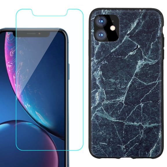 For Apple iPhone 11 Phone Case , Slim-Fit TPU Protective Case (Black), with Tempered Glass Screen Protector, by OneToughShield ® - Marble / Blue