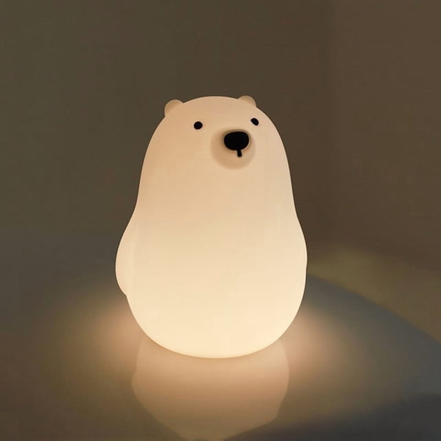 Luz nocturna USB de silicona con forma de oso blanco para dormitorio infantil | Bonita lámpara de noche LED con enganche a presión y carga USB para dormir y la guardería.