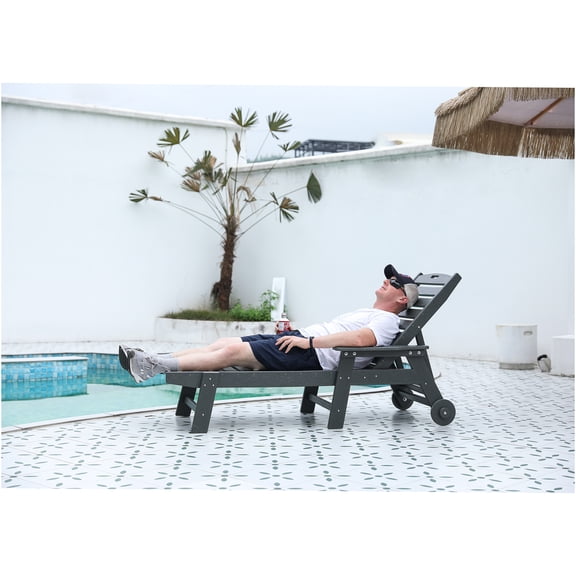 JERFIT Oversized 5-Position Adjustable Outdoor Chaise Lounge Chair with Wheels & Cup Holder, Weather-Resistant HDPE Wood Texture, Gray