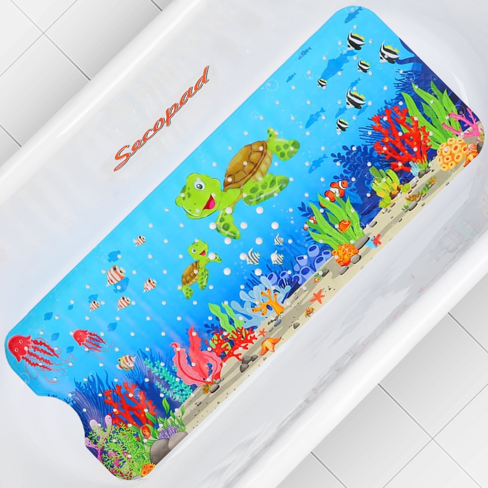 Bath Mat for Tub Non Slip, Machine Washable Anti-Slip Cartoon Baby Bathtub Shower Mat with Drain Holes and Suction Cups for Toddler & Kids (40 Inch x 16 Inch-Rectangular, Turtles)