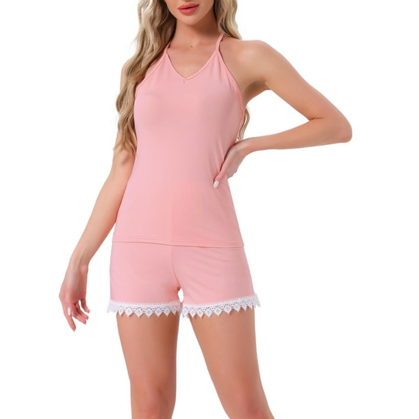 INSPIRAR CHIC Pijamas de Cami para Mujeres con Encaje V Cuello 2 Piezas Ropa de Dormir Lencería Top de Tanque con Pantalones Cortos Conjuntos de Ropa de Casa L Rosa