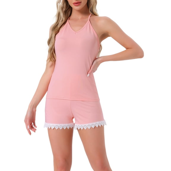 INSPIRE CHIC Womens Cami Pajamas Lace Trim V Neck 2 Piece Sleepwear Lingerie Tank Top with Shorts Loungewear Sets S Pink