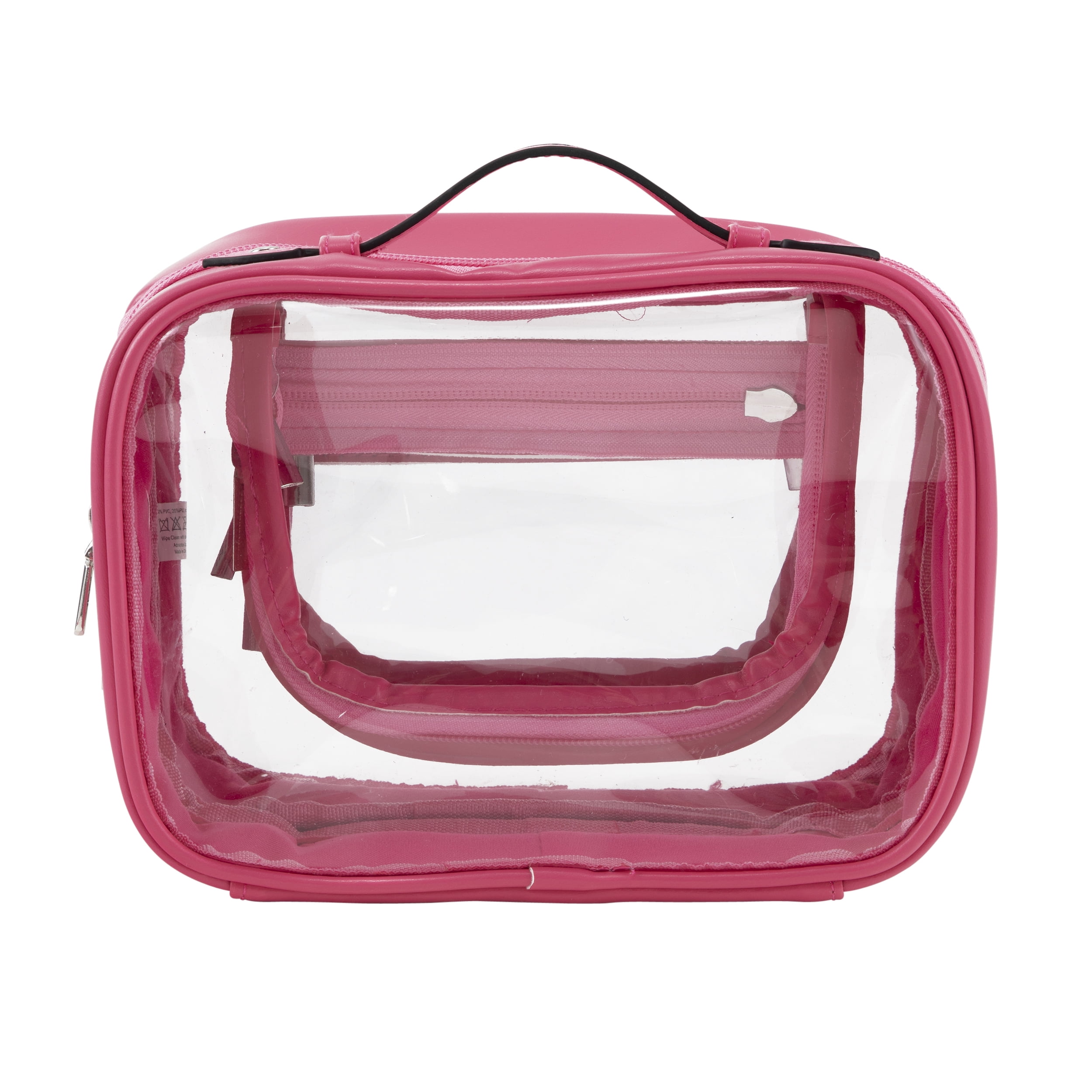 Fusion Brand Double Layer Makeup Bag, Clear and Pink.   4 Zipper Compartments and Handle. 8.6" Long.