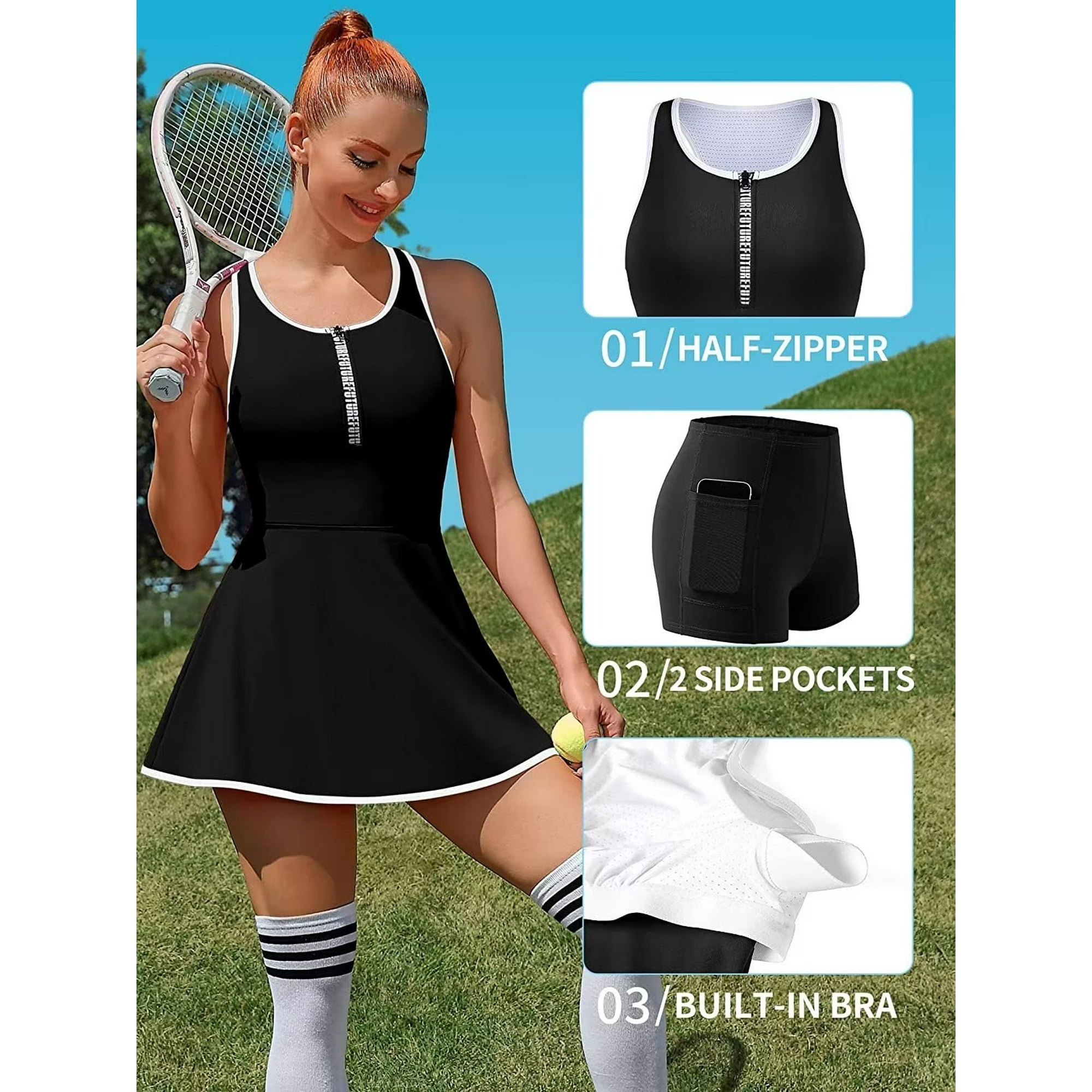 Charmo Women Tennis Dress Zipper Workout Dresses Built In Bra Athletic Skirts With Shorts And Pockets Blue