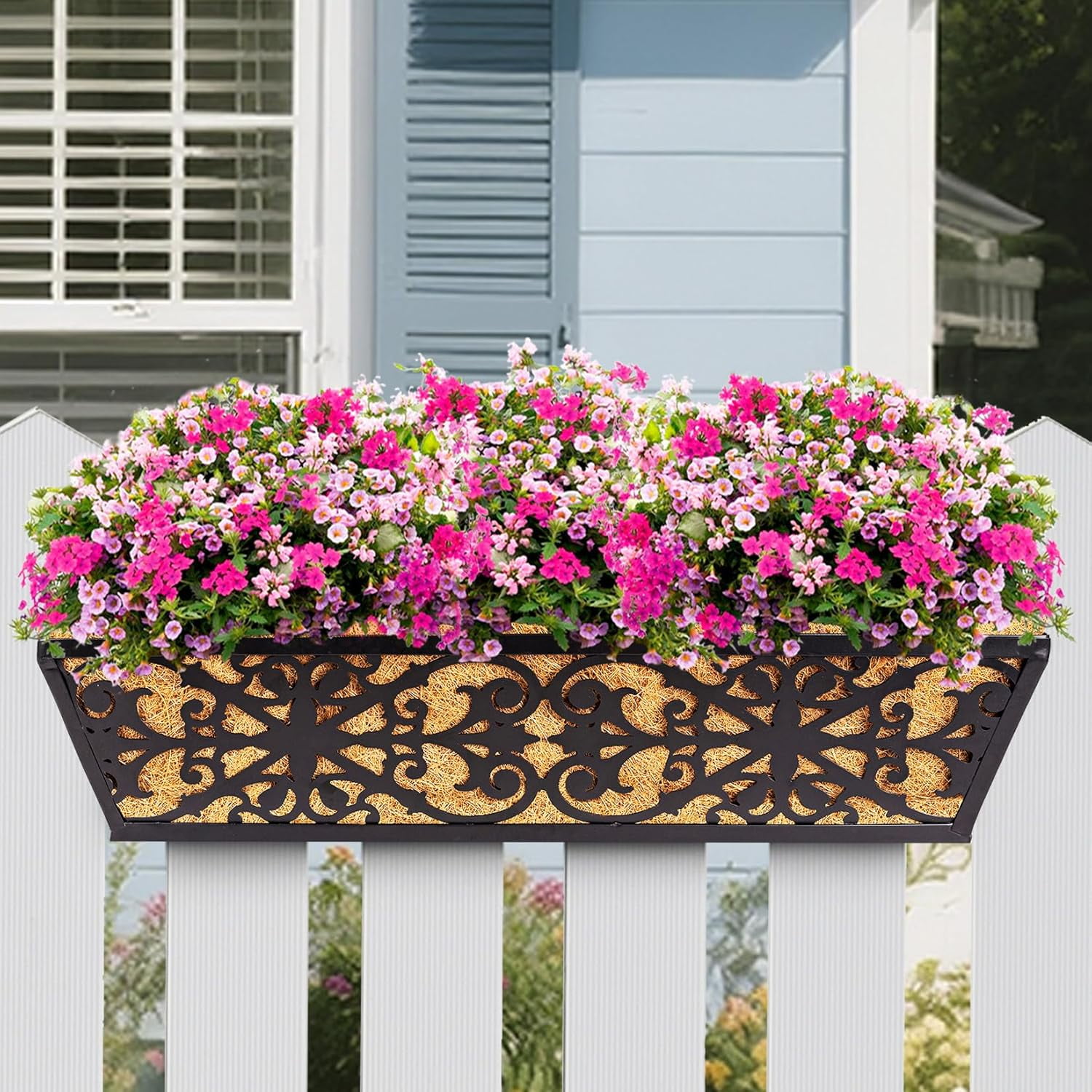 2 Pack 24 Inch Window Boxes Planters Railing Planter Box with Adjustable Brackets & Coco Liners Fabric Plant Grow Bags Deck Railing Planter Boxes Balcony Hanging Flower Box for Outdoor Plants