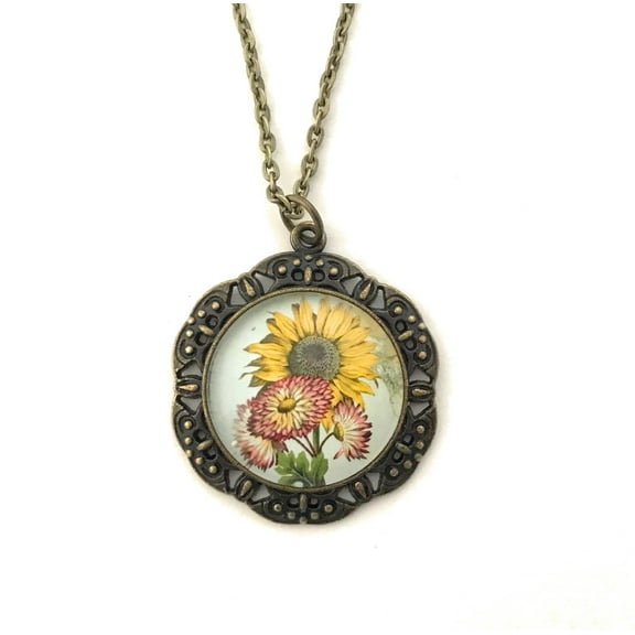 Sunflowers Necklace for Women, Vintage Flower Illustration Jewelry, Gift for Women