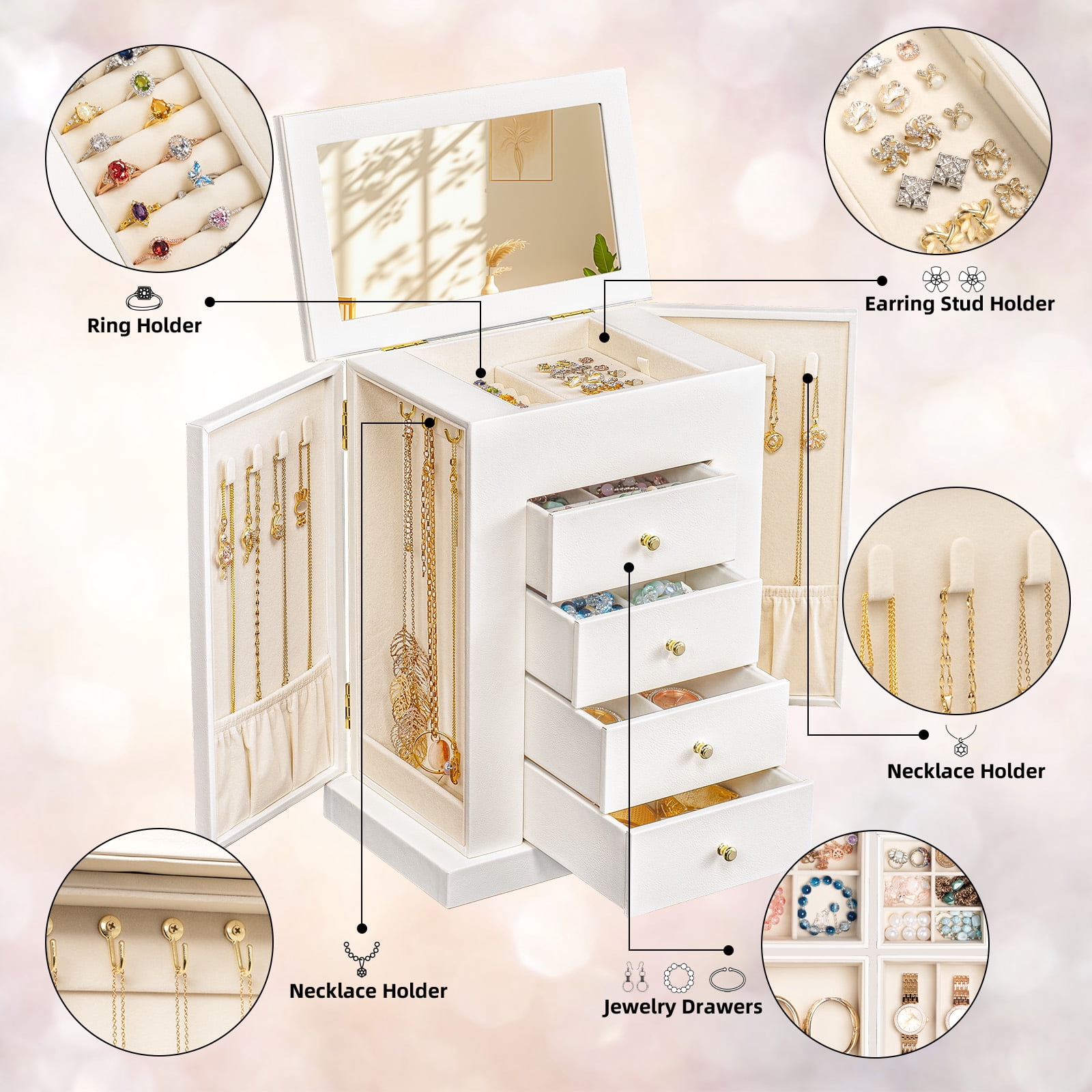 Jewelry Box for Women, 5 Layer Large Leather Boxes & Organizers for Necklaces Earrings Rings Bracelets, Organizer with Drawers and Mirror, White