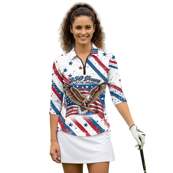 HUIACONG Womens 3/4 Sleeve Golf Shirts with Patriotic Eagle Print, Quarter Zip Polo Shirts for Ladies Sports and Casual Tennis Activewear