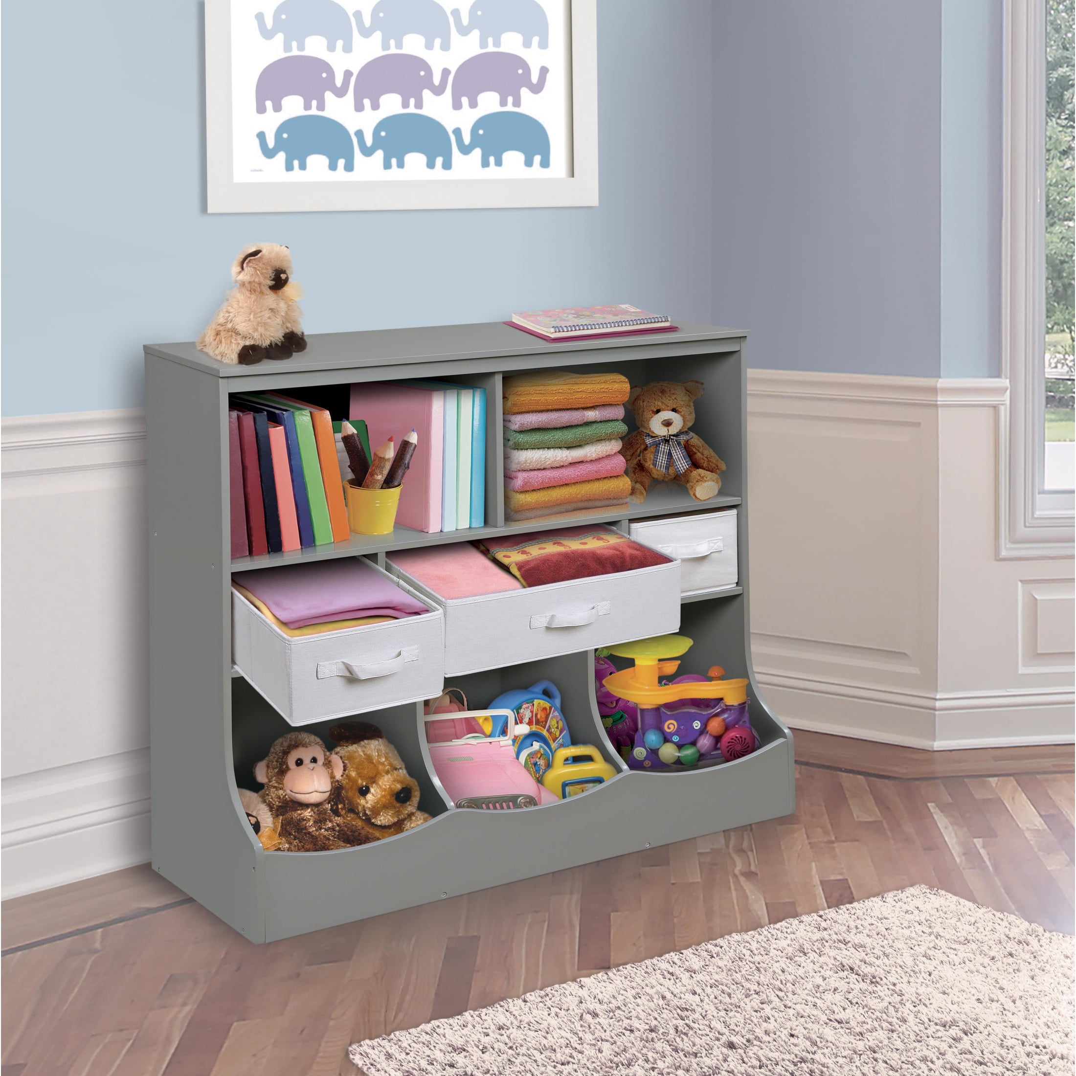 Badger Basket Children's Wooden Combo Bin with 3 Baskets 55 gal Toy Storage Cube, Gray