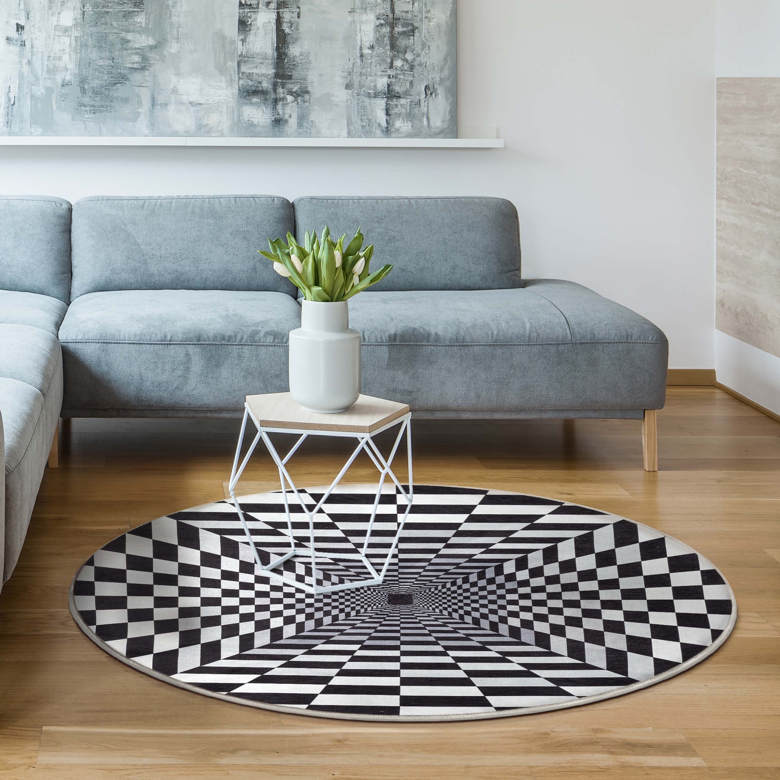 Well Woven Apollo Optical Illusion Modern Checkered Black Ivory Printed  Distressed Machine Washable 6'7" Round Rug - Walmart.com