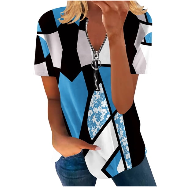 Blusa informal con cuello en V y manga corta con estampado de verano para mujer con estilo OAVQHLG3B Store lin121212