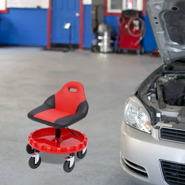 KFFKFF Rolling Work Stool Automotive Creeper Stool Adjustable Height 300-lb With Tool Storage Tray Red