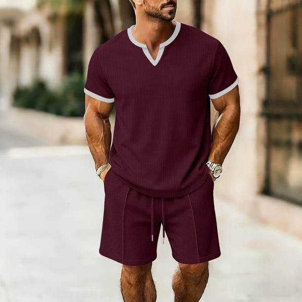 Ceisia Men's Slim Fit Waffle Knit 2-Piece Set Short Sleeve V-Neck T-Shirt with Elastic Waist Drawstring Shorts Gifts