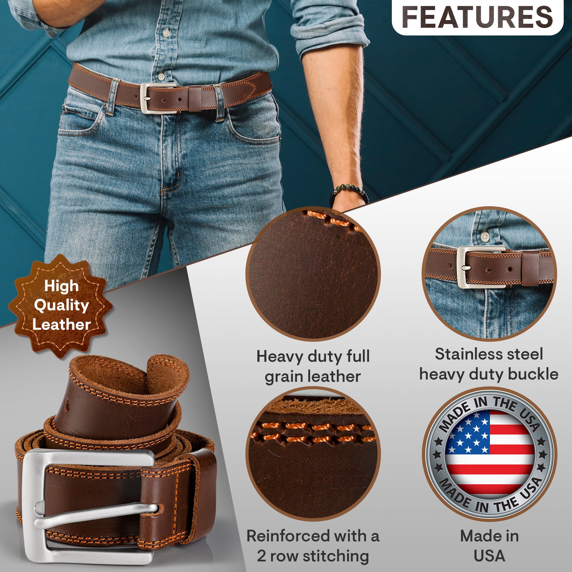Nabob Leather Men's Classic Rustic Leather Jean Belt, Two Row Stitching,  Handmade In Bourbon Brown (Size 44'' (111 cm)) 