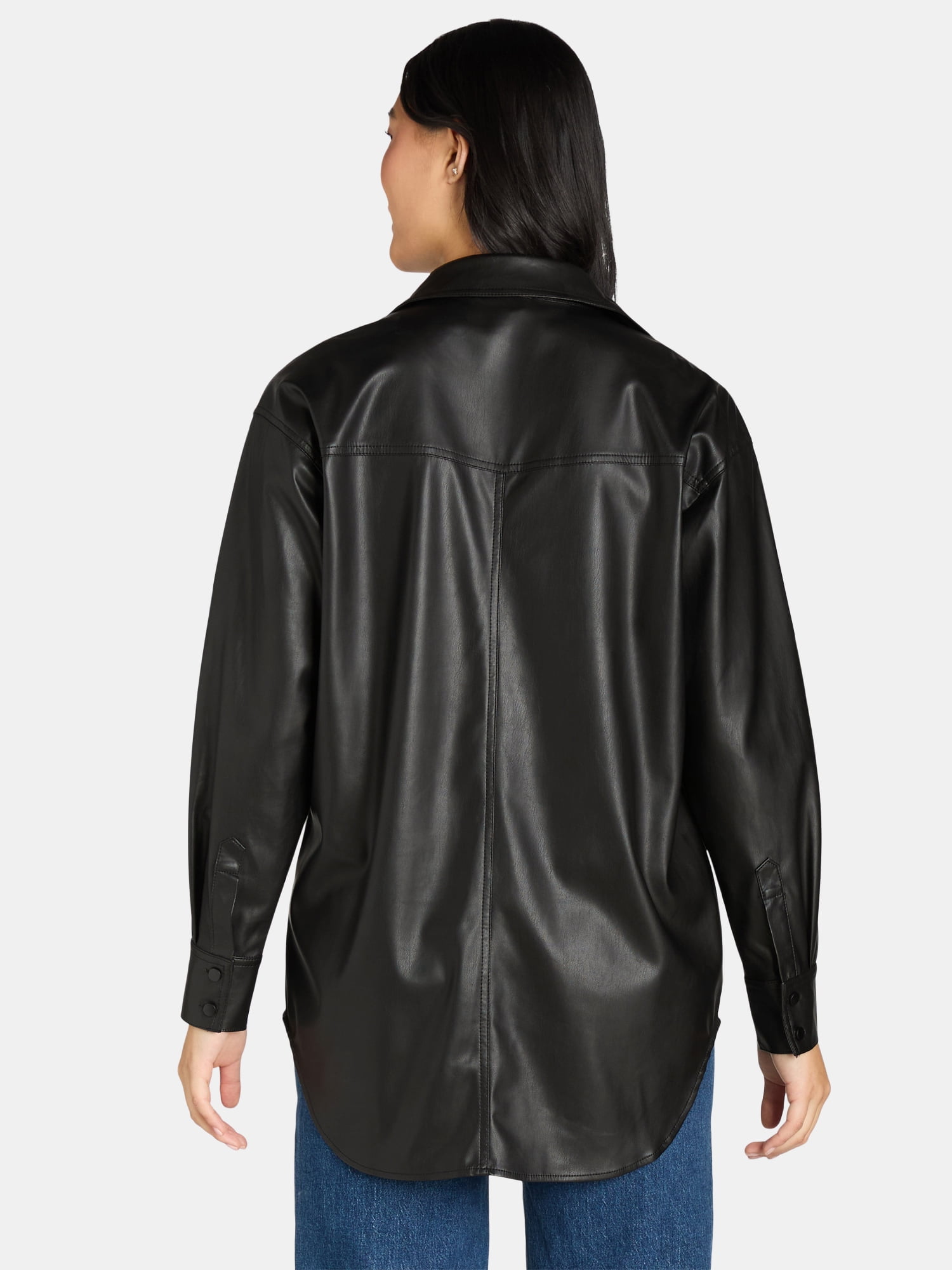 Sofia Jeans Women's and Women's Plus Sofia Oversized Faux Leather Boyfriend Shirt with Long Sleeves, Sizes XS-XXXL